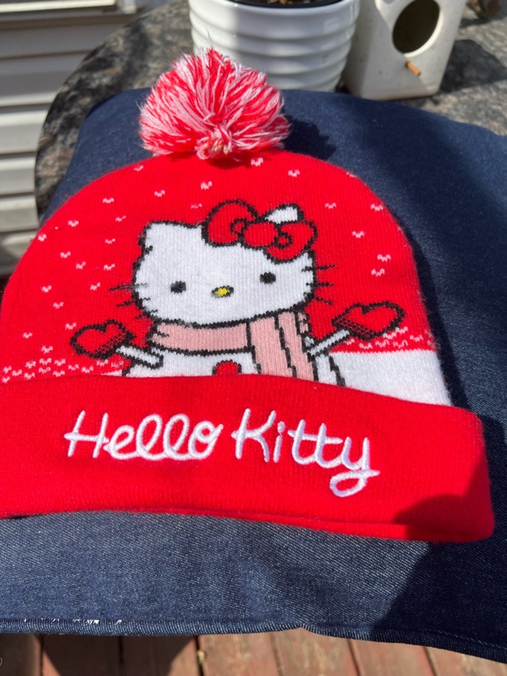 Sanrio Hello Kitty Red Knit Pom Beanie with Pink & White Accents
